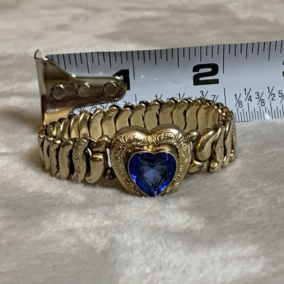 Vintage Co-Star Sweetheart Expansion Bracelet Gold Tone Blue Glass Heart 1940s - Picture 13 of 15